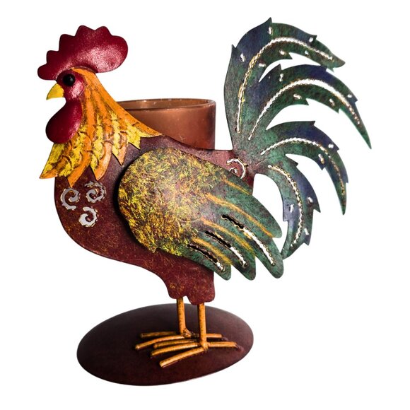 Rustic Metal Rooster Tea Light Farmhouse Candle Holder 6” Tall - Picture 3 of 5